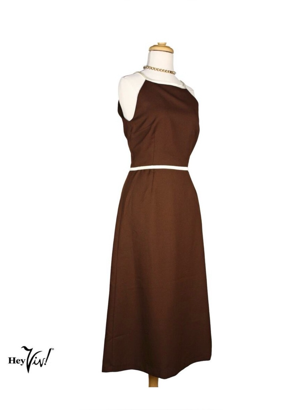 Vintage 80s Brown Crepe Midi Dress White Satin Trim Lined Size Small - Hey Viv